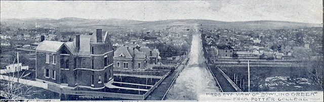 A print displays a bird's-eye view of Bowling Green from the Potter College for Young Ladies in 1894.