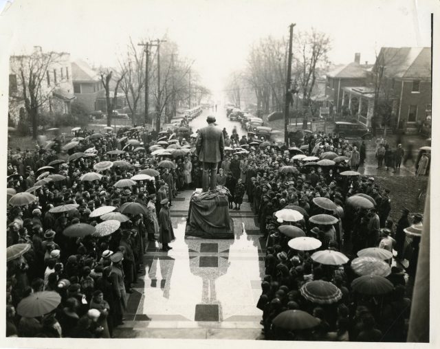 The dedication of the Henry Hardin Cherry statue is held outside Cherry Hall on Nov. 16, 1937.