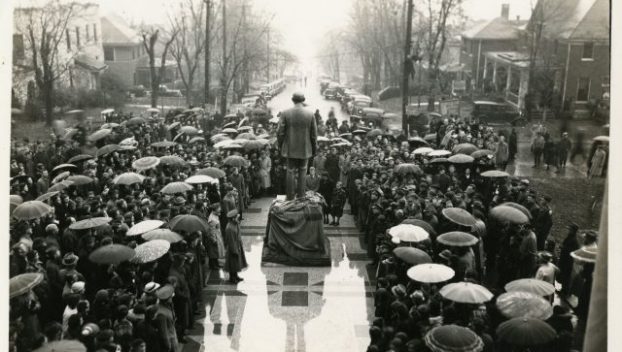 The dedication of the Henry Hardin Cherry statue is held outside Cherry Hall on Nov. 16, 1937.
